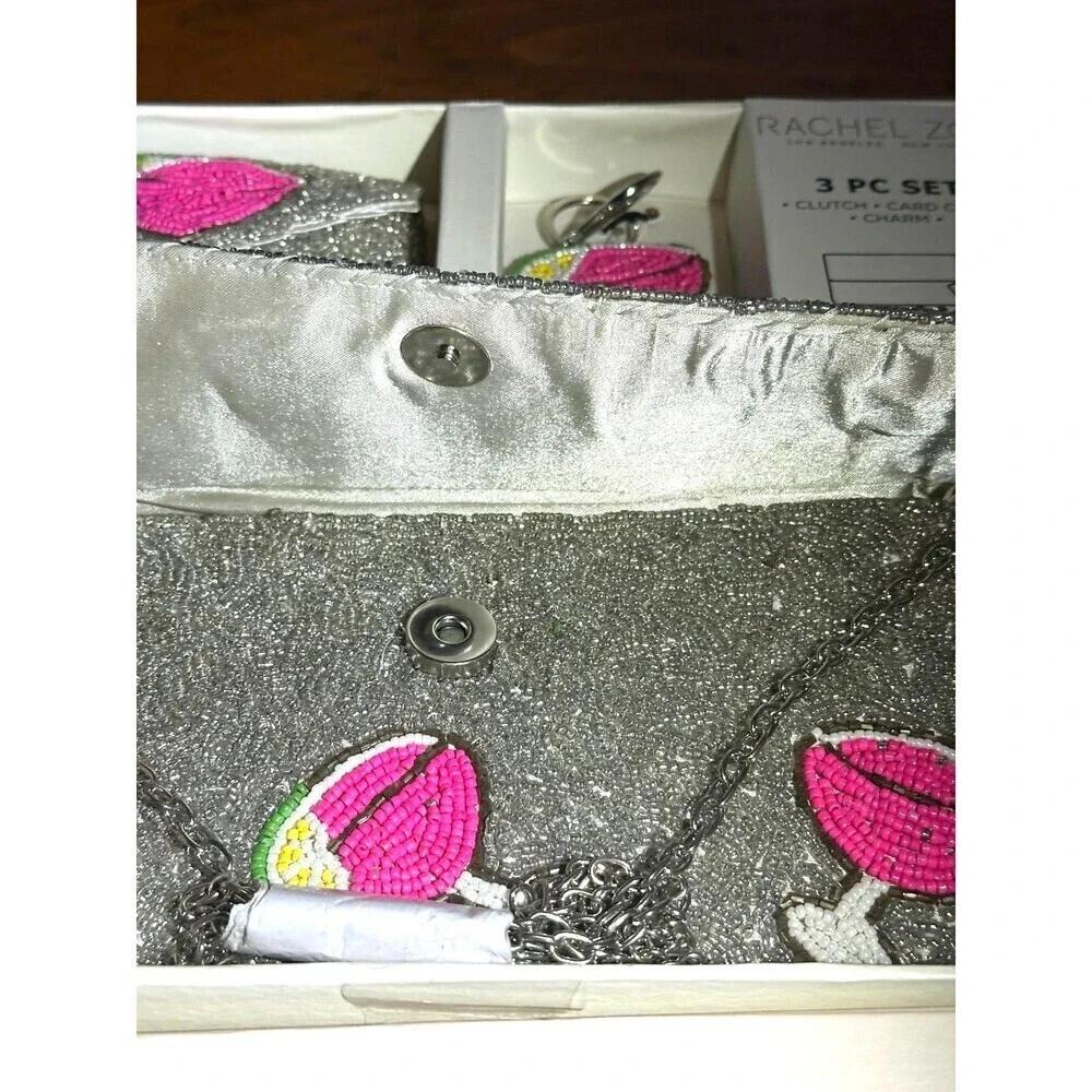 NWT RachelZoe Beaded 3pc set Margarita glass Clutch-Coin Purse & Keychain charm